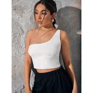 White One Shoulder Crop Top | Stretchy Fitted Tank | Size M